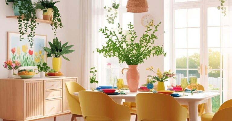 Fresh and cozy living room decorated with spring interior decorating ideas, pastel home decor, and natural greenery.