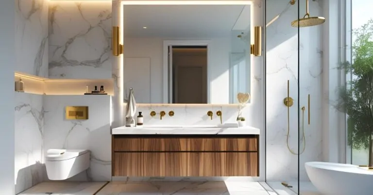 Contemporary white bathroom with floating vanity, marble walls, and gold fixtures