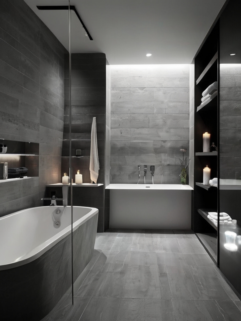 Modern grey and white bathroom with marble flooring, white bathtub, and gold fixtures