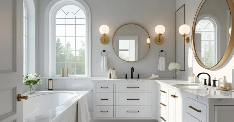 Modern white bathroom cabinets with marble countertop and gold handles in a stylish, naturally lit interior.