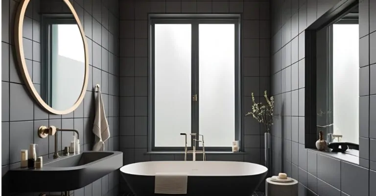 Modern gray black and white bathroom with subway tiles, black vanity, and patterned floor