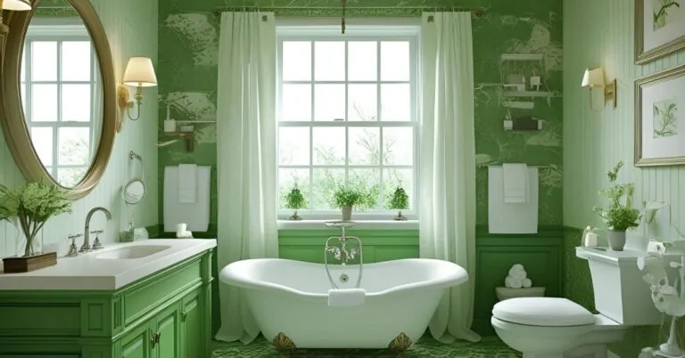 Modern green and white bathroom featuring sage green walls, white tiles, freestanding tub, and gold fixtures