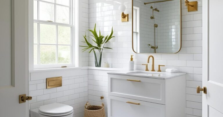 Small white bathroom with white tiles, floating vanity, and gold fixtures