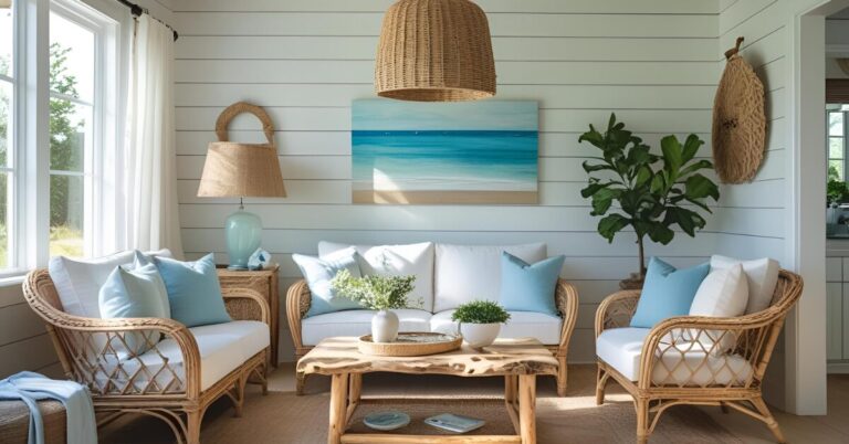 Coastal farmhouse living room with shiplap walls, driftwood table, rattan chairs, blue throw pillows, and jute rug in natural sunlight